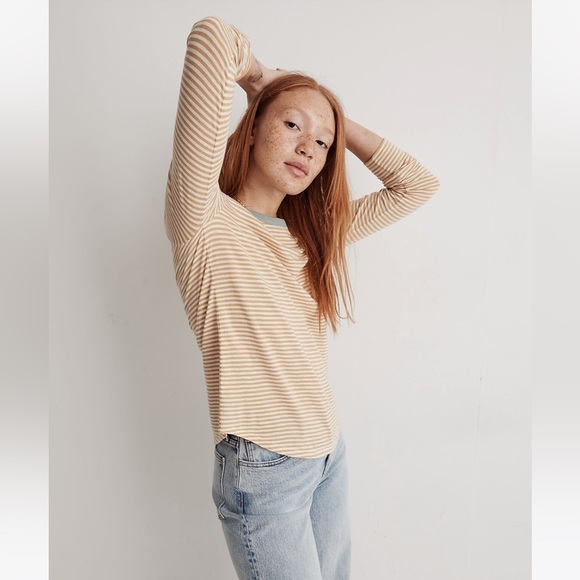 Madewell Whisper Cotton Rib-Crewneck Long-Sleeve Ringer Tee Keene Stripe medium - Picture 2 of 8